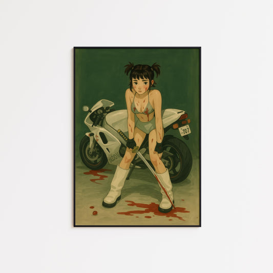 Anime Femme Poster – Biker Girl Art with Katana Sword Print | Sapphic Warrior Artwork