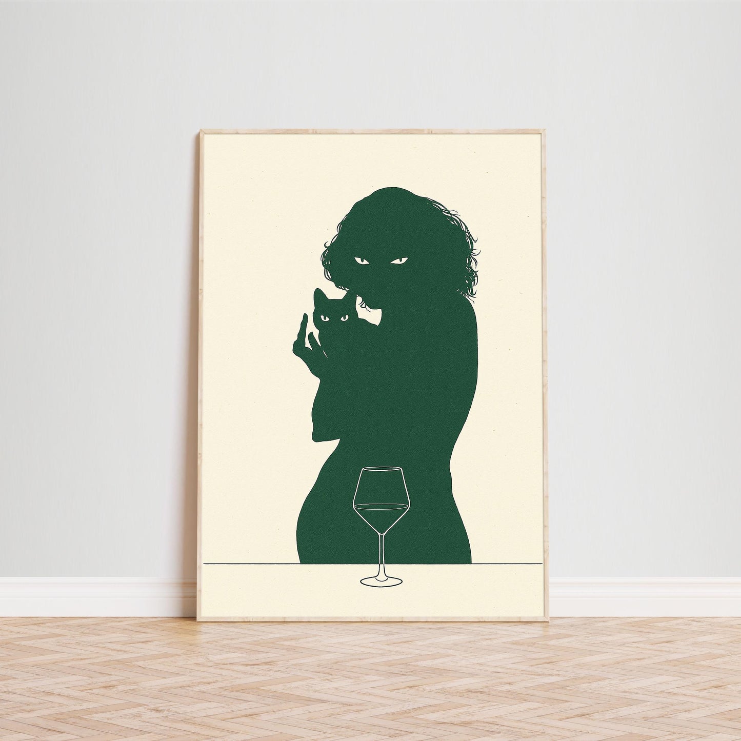Woman and Cat Silhouette Poster – Intimate Minimal Line Art, Moody Wall Print