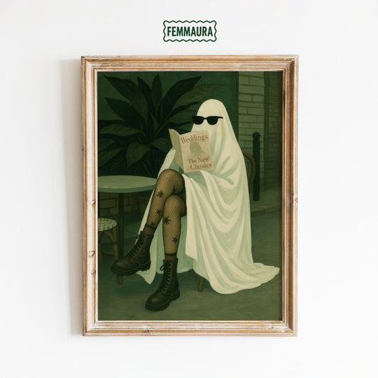 Gothic Ghost Wall Art – Whimsical Ghost Decor Reading Magazine Print