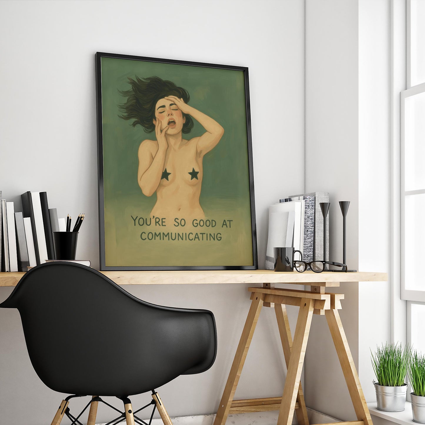 Sensual Feminist Wall Art – Dark Green Erotic Illustration | Bold Feminine Decor Print