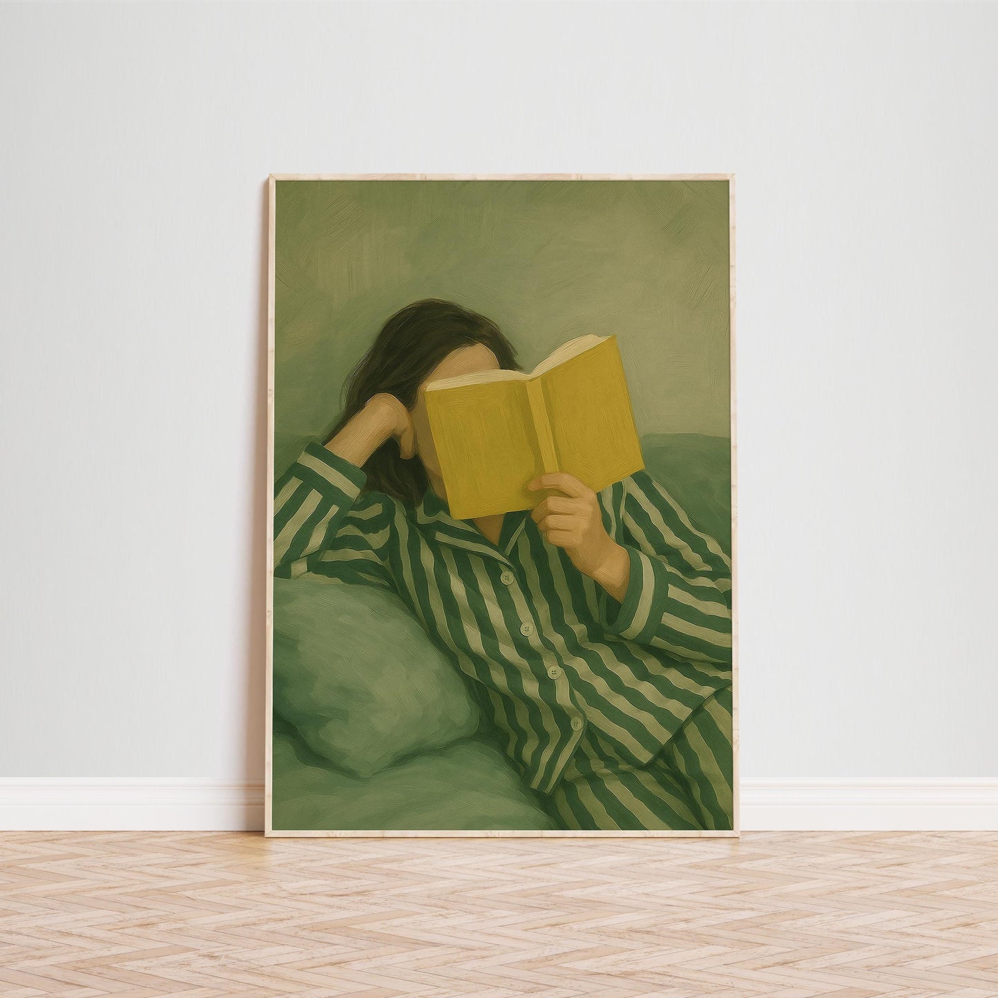 Reading Woman Poster – Cozy Wall Art | Minimalist Decor, Soft Green Artwork