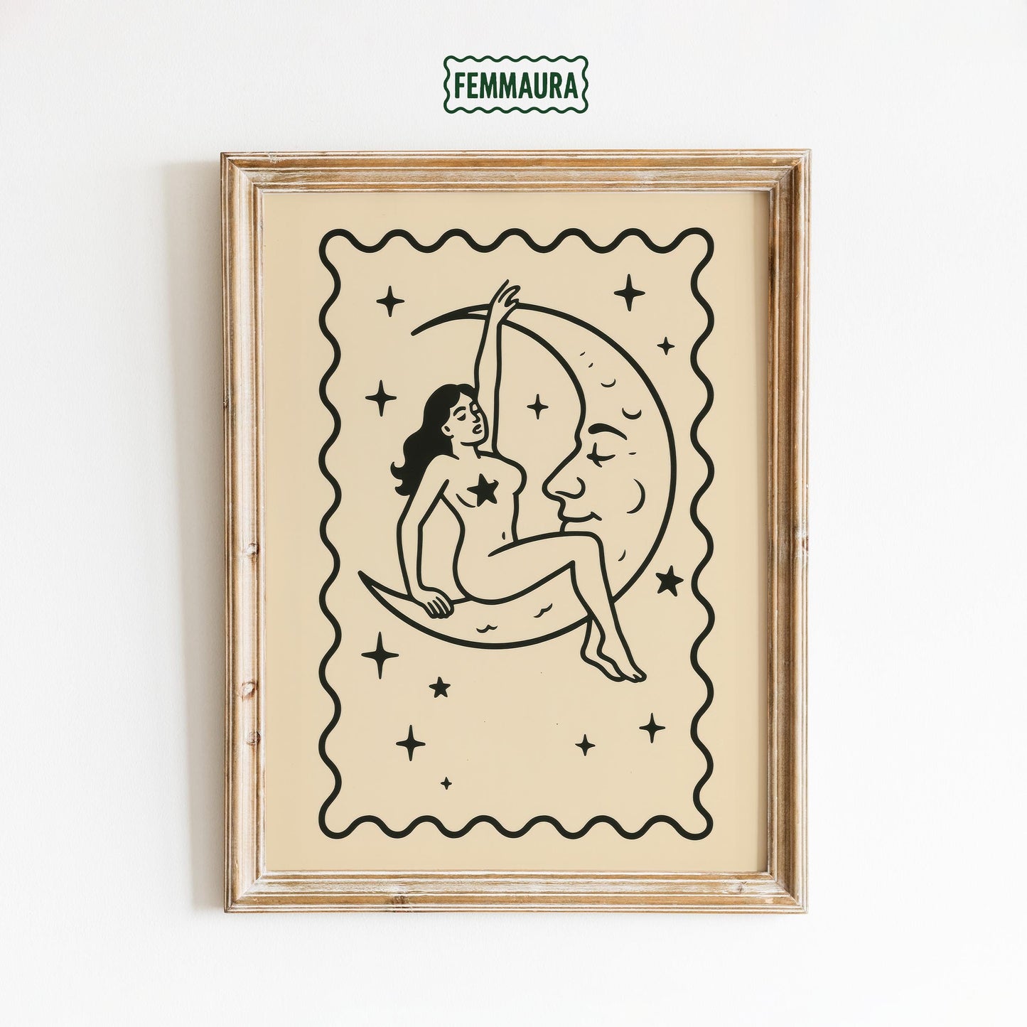 Moon Girl Line Art – Celestial Feminist Poster | Black Cream Wall Art