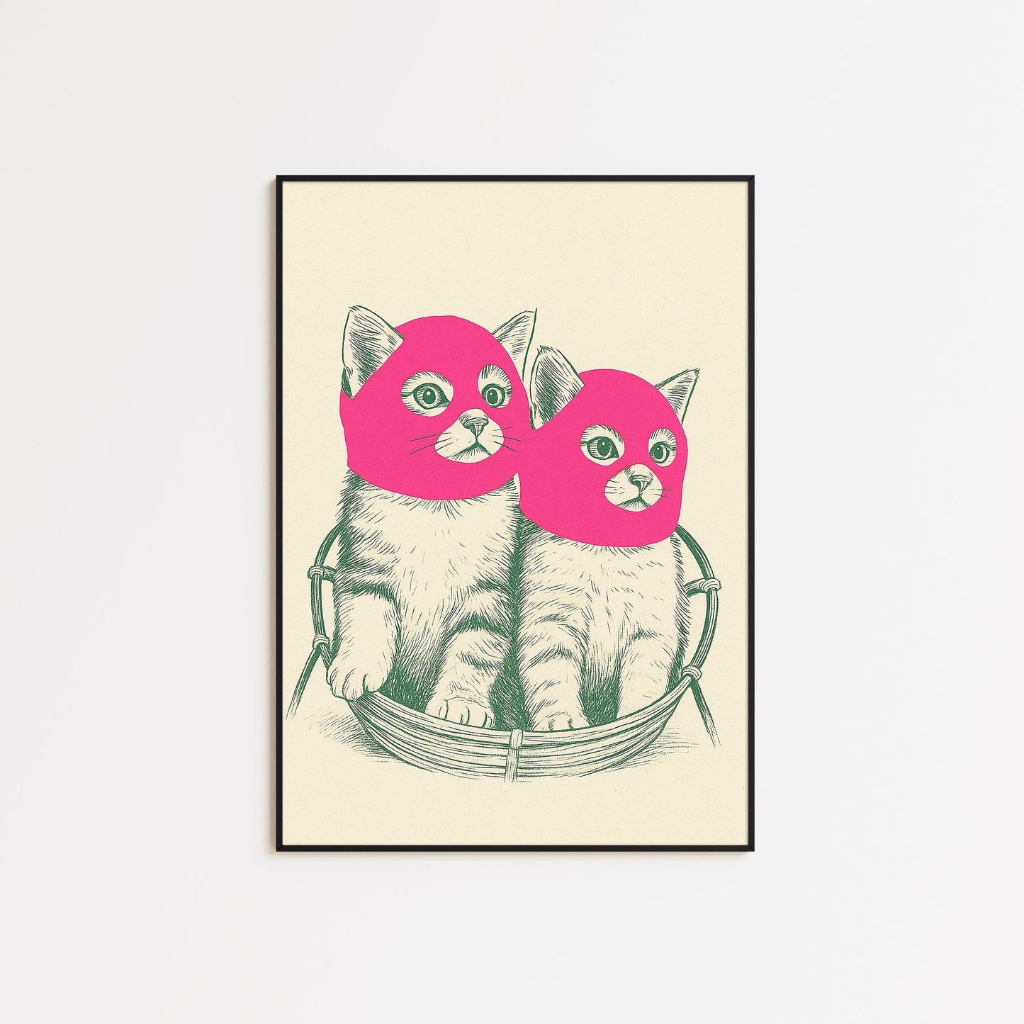 Pink Mask Cats Poster – Funny Pop Art Animal Print, Modern Minimal Wall Decor