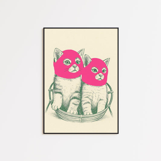 Pink Mask Cats Poster – Funny Pop Art Animal Print, Modern Minimal Wall Decor