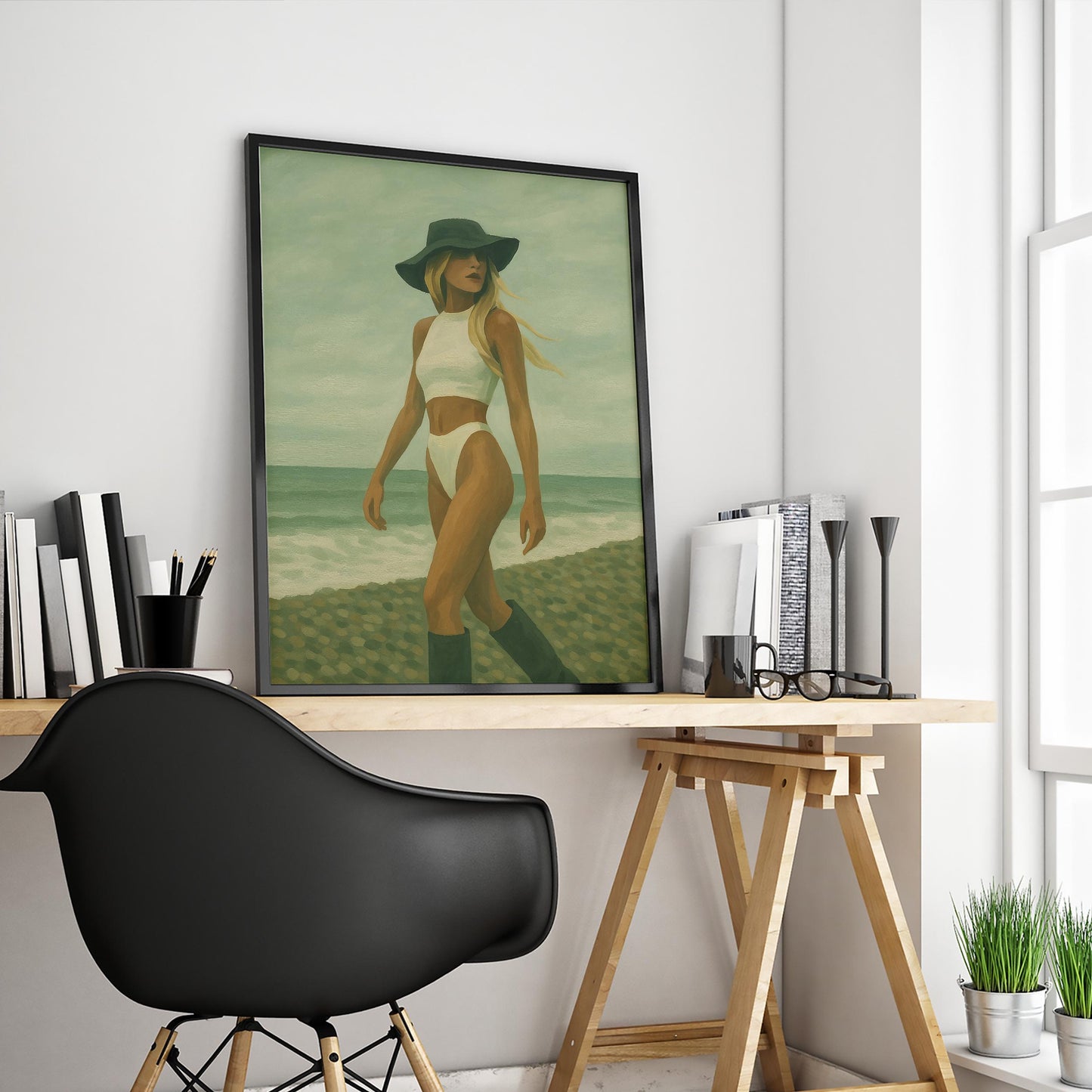 Retro Beach Poster – Minimalist Wall Art With Stylish Woman And Sandy Tone