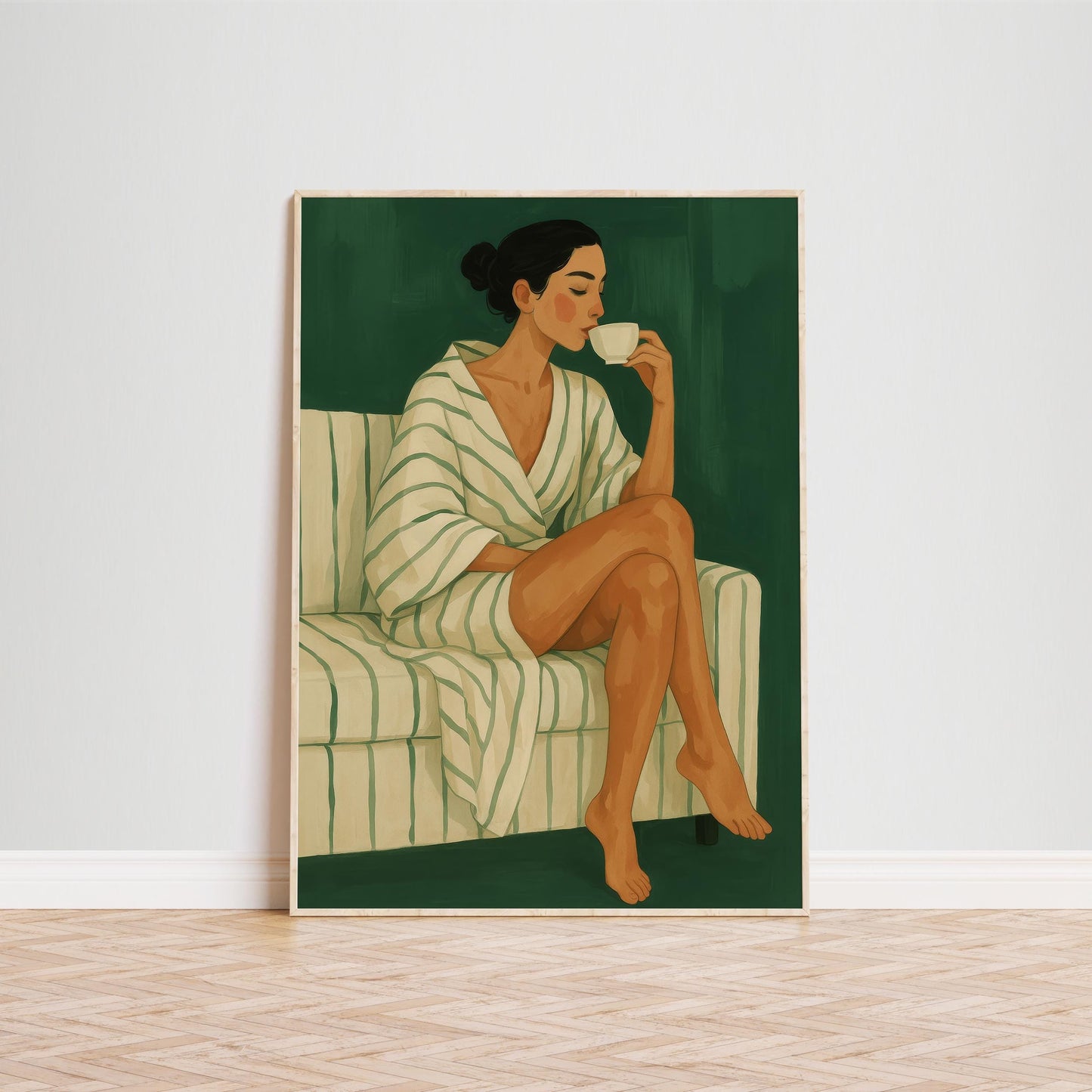 Calm Feminine Art Print – Morning Ritual Artwork | Striped Robe Wall Art