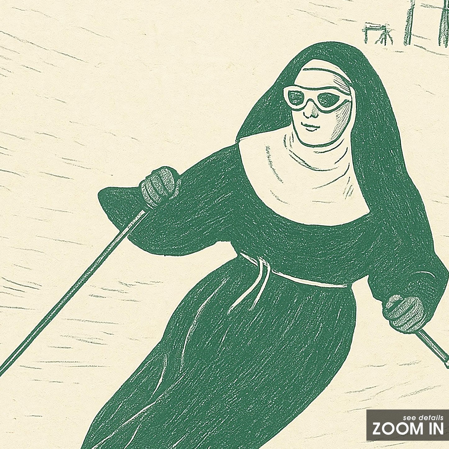 Skiing Nun Poster – Retro Humorous Wall Art, Minimal Green Line Print