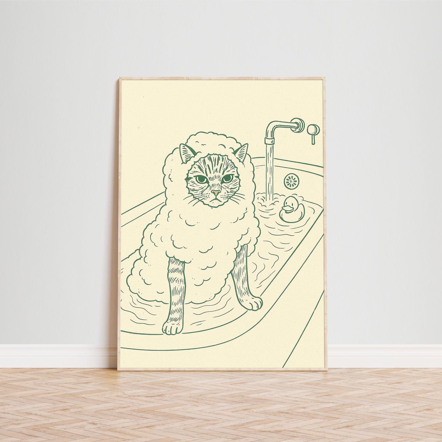 Cat in Bath Line Art Print – Minimalist Bathroom Wall Art, Funny Animal Poster