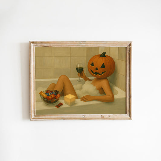 Pumpkin Head Bath Poster – Cozy Halloween Wall Art | Festive Autumn Decor