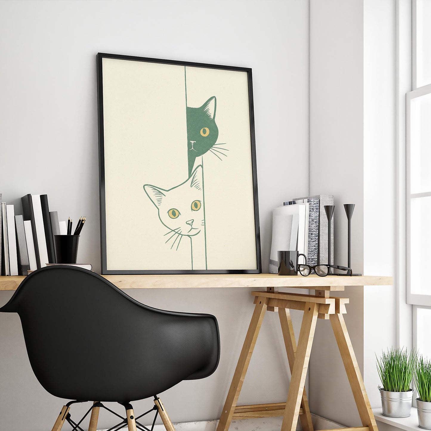 Curious Cats – Minimal Line Art Poster, Playful Duo Wall Print