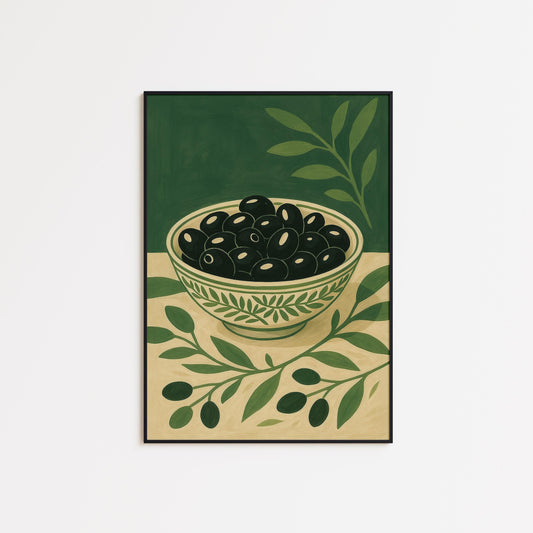 Olive Bowl Poster – Mediterranean Kitchen Art | Rustic Farmhouse Wall Print