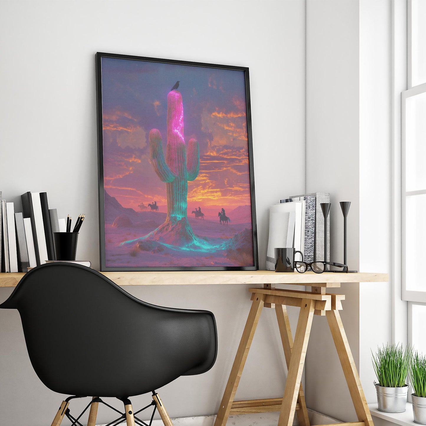 Neon Cactus Sunset – Surreal Desert Cowboy Poster