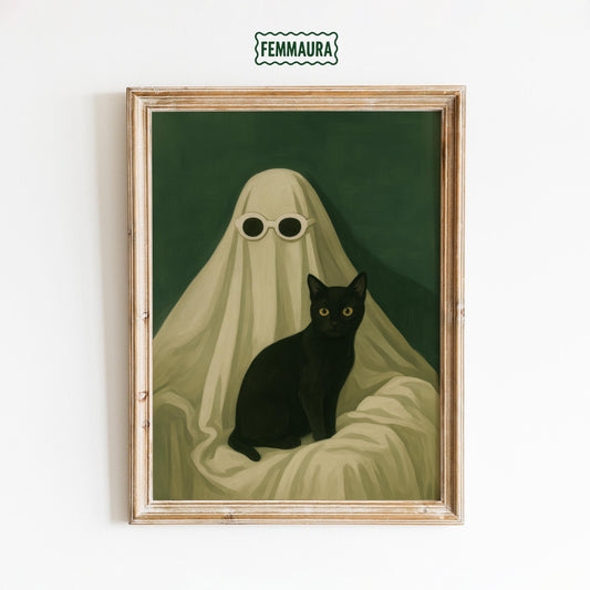 Black Cat Wall Art – Spooky Gothic Home Print With Quirky Ghost Design