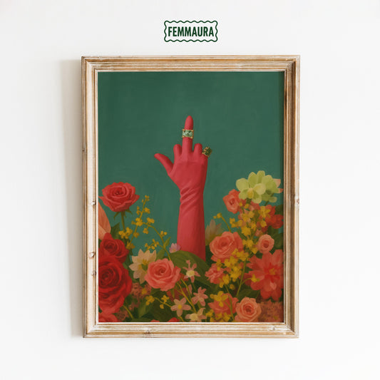 Feminist Wall Art – Bold Floral Middle Finger Poster With Vintage Feminist Print