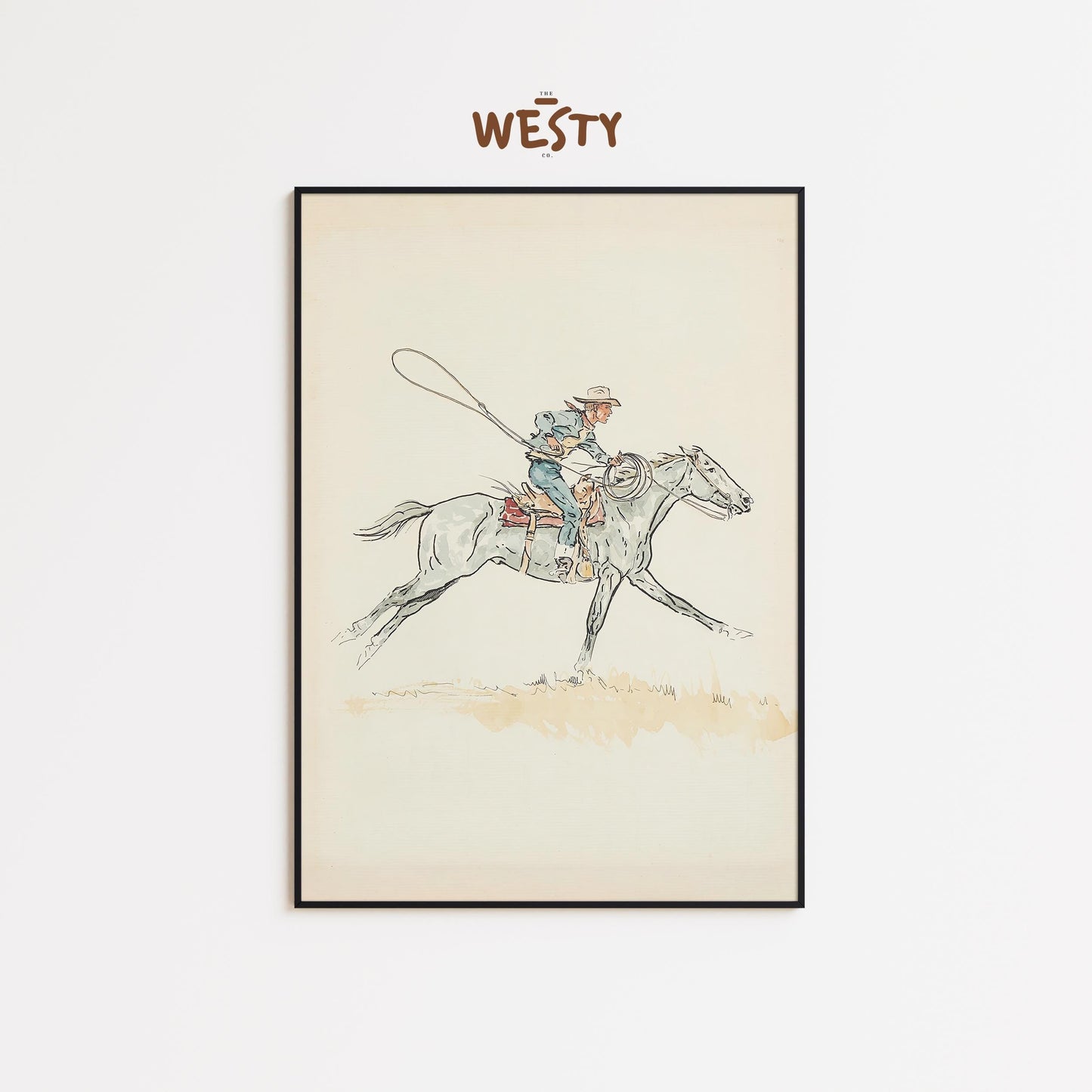 Vintage Cowboy Roping Art – Western Horse Illustration Print