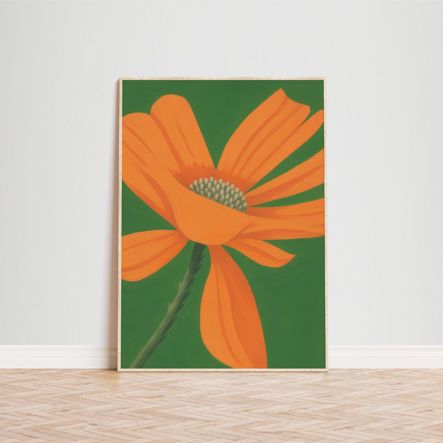 Orange Daisy Wall Art – Minimalist Floral Print | Vivid Orange Petals & Green Background
