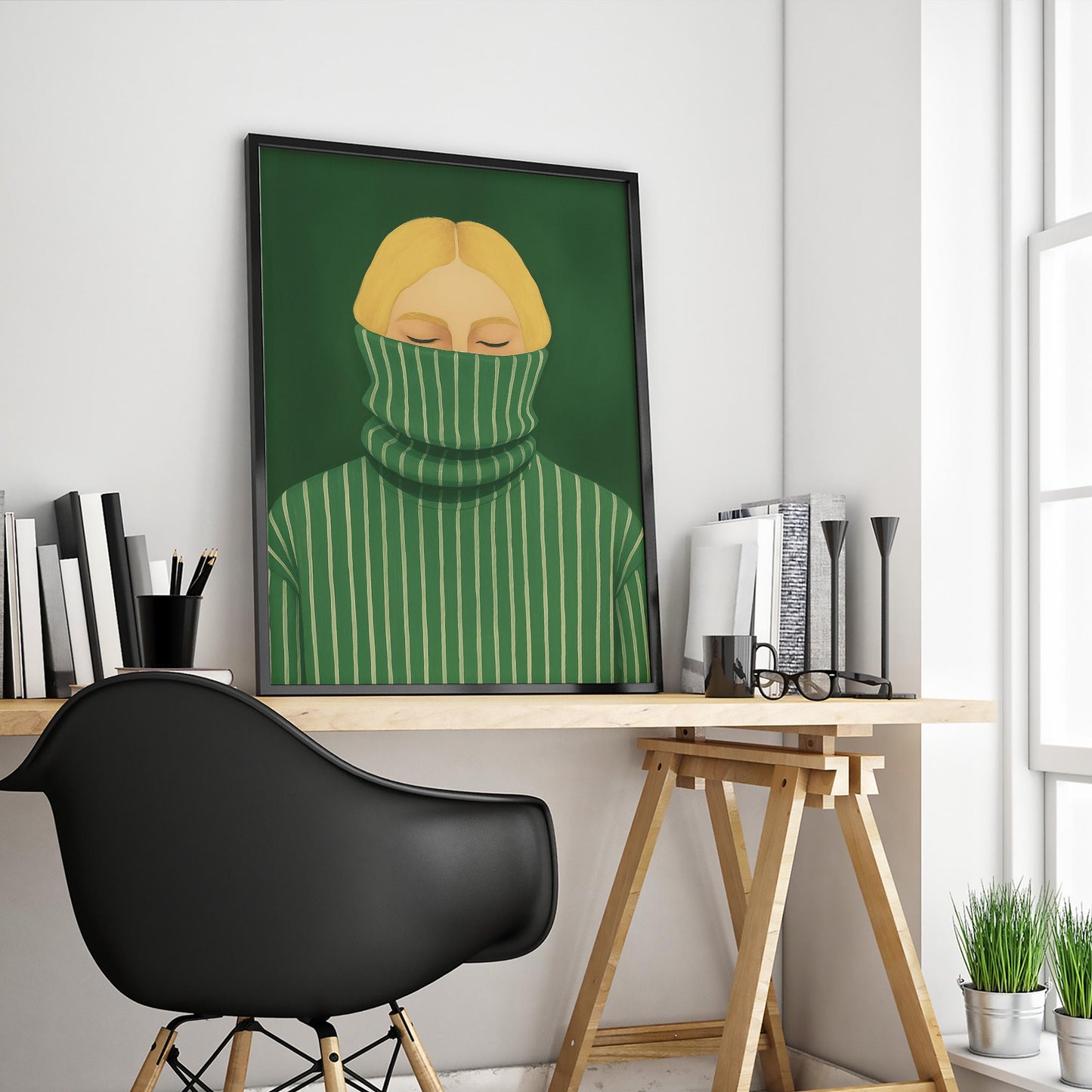 Minimalist Green Sweater Art – Moody Modern Portrait Wall Poster With Emotional Depth