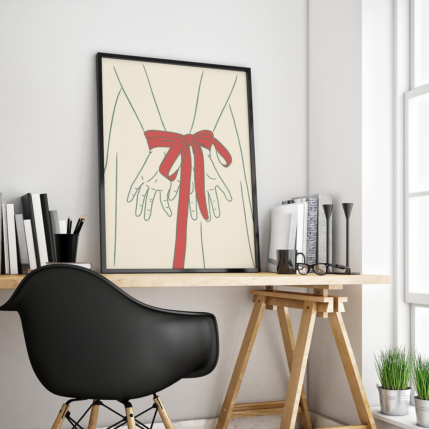 Red Ribbon Hands Poster – Minimal Line Art Feminine Wall Decor