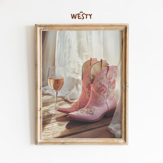 Floral Pink Cowgirl Boots with Rosé – Feminine Western Still Life