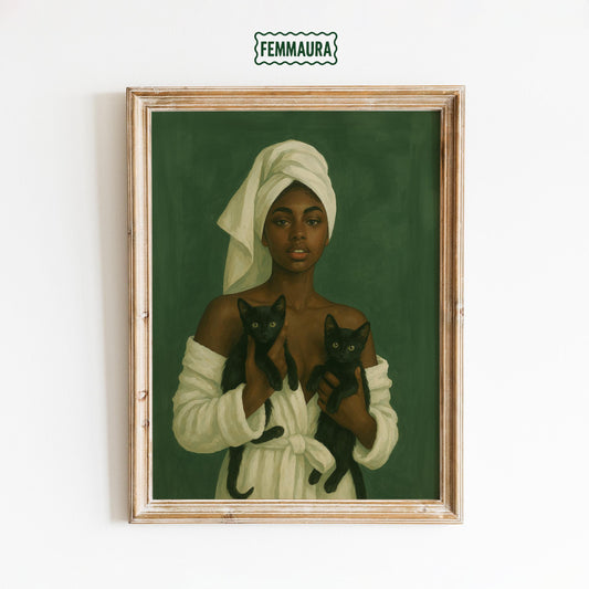 Black Cats Poster – Feminine Wall Art | Vintage Gouache Print, Elegant Cat Decor