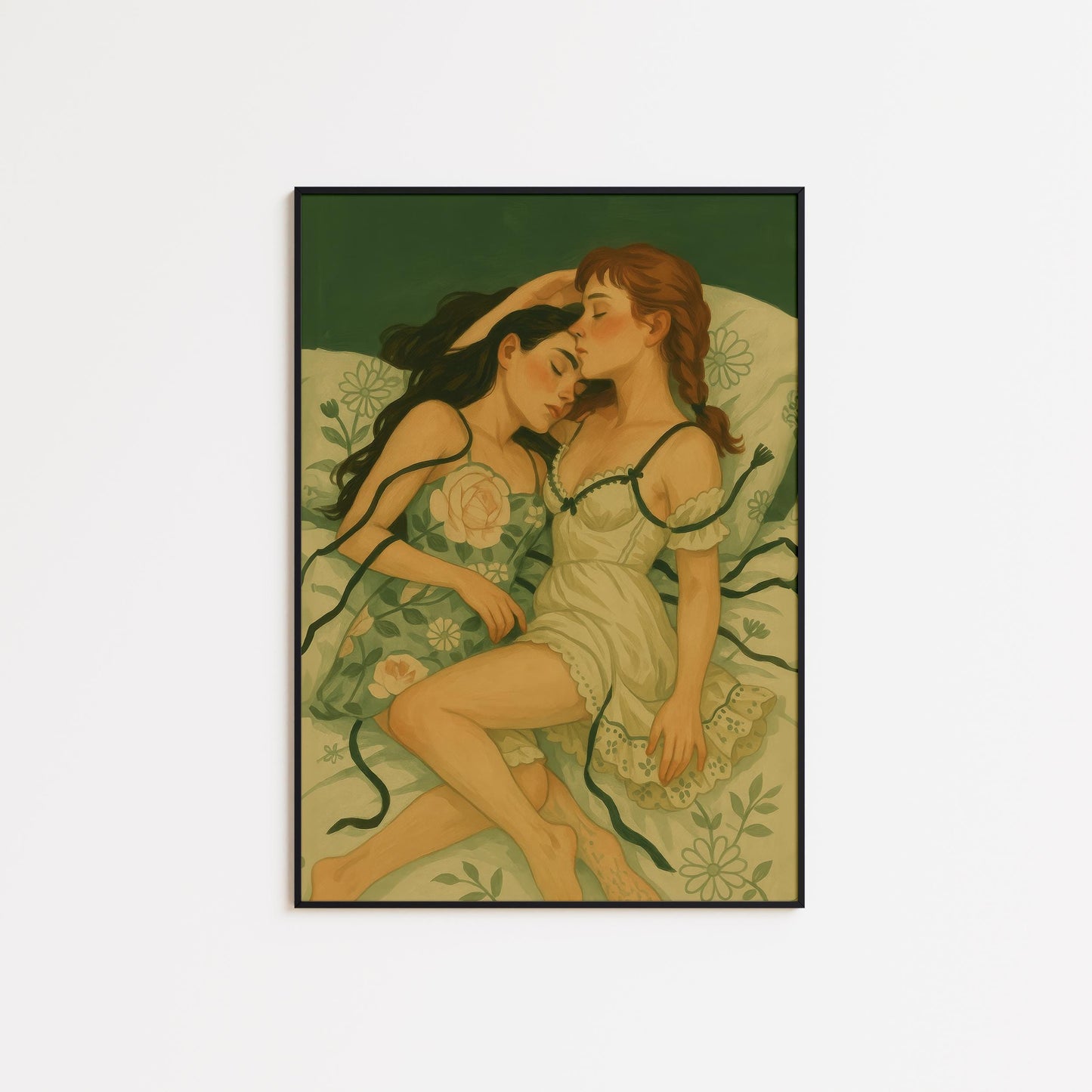 Romantic Lesbian Wall Art – Sapphic Love Print With Floral Bedsheet Poster
