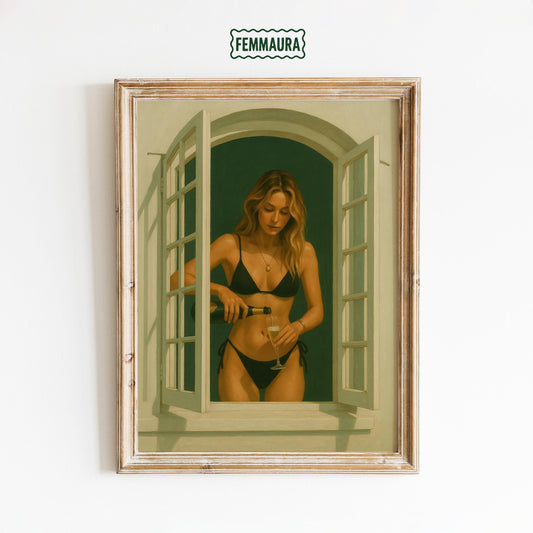 Bikini Girl Poster – Modern Summer Wall Art | Champagne Coastal Chic Print