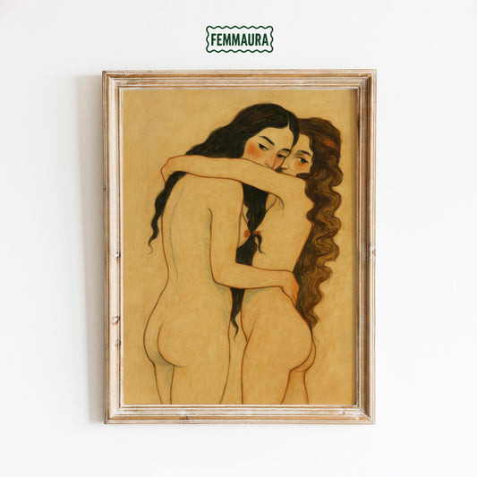 Queer Feminine Nude Art – Sapphic Love Print | Tender Lesbian Intimacy Poster