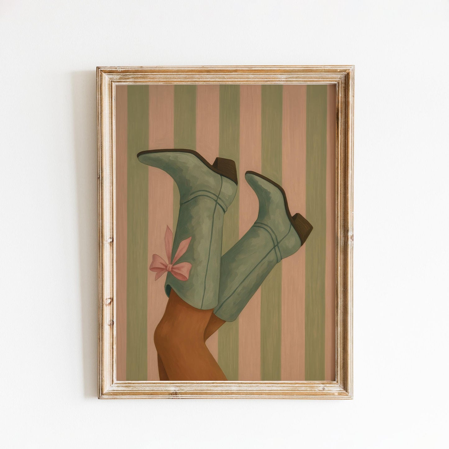 Mint Cowgirl Boots Poster – Feminine Western Wall Art with Retro Stripes & Pink Bow