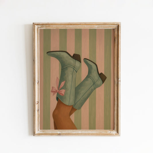Mint Cowgirl Boots Poster – Feminine Western Wall Art with Retro Stripes & Pink Bow