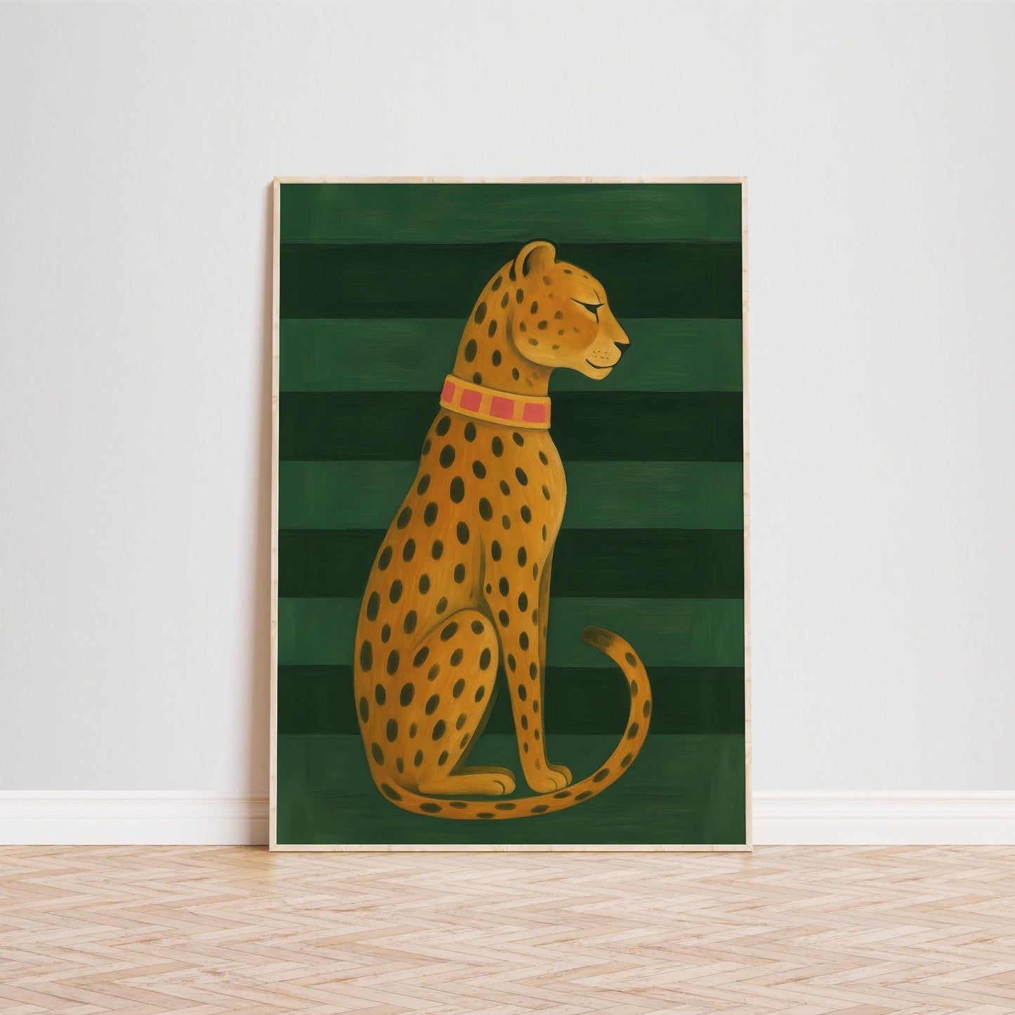 Golden Leopard Wall Art - Elegant Animal Print on Green Striped Poster