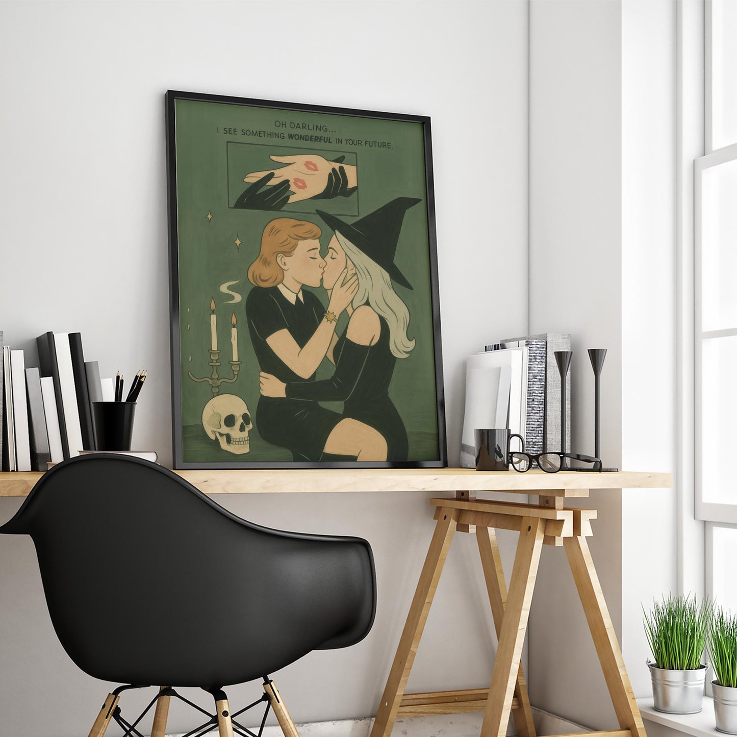 Witchy Lesbian Kiss Poster – Retro Comic Queer Love Wall Art with Occult Aesthetic