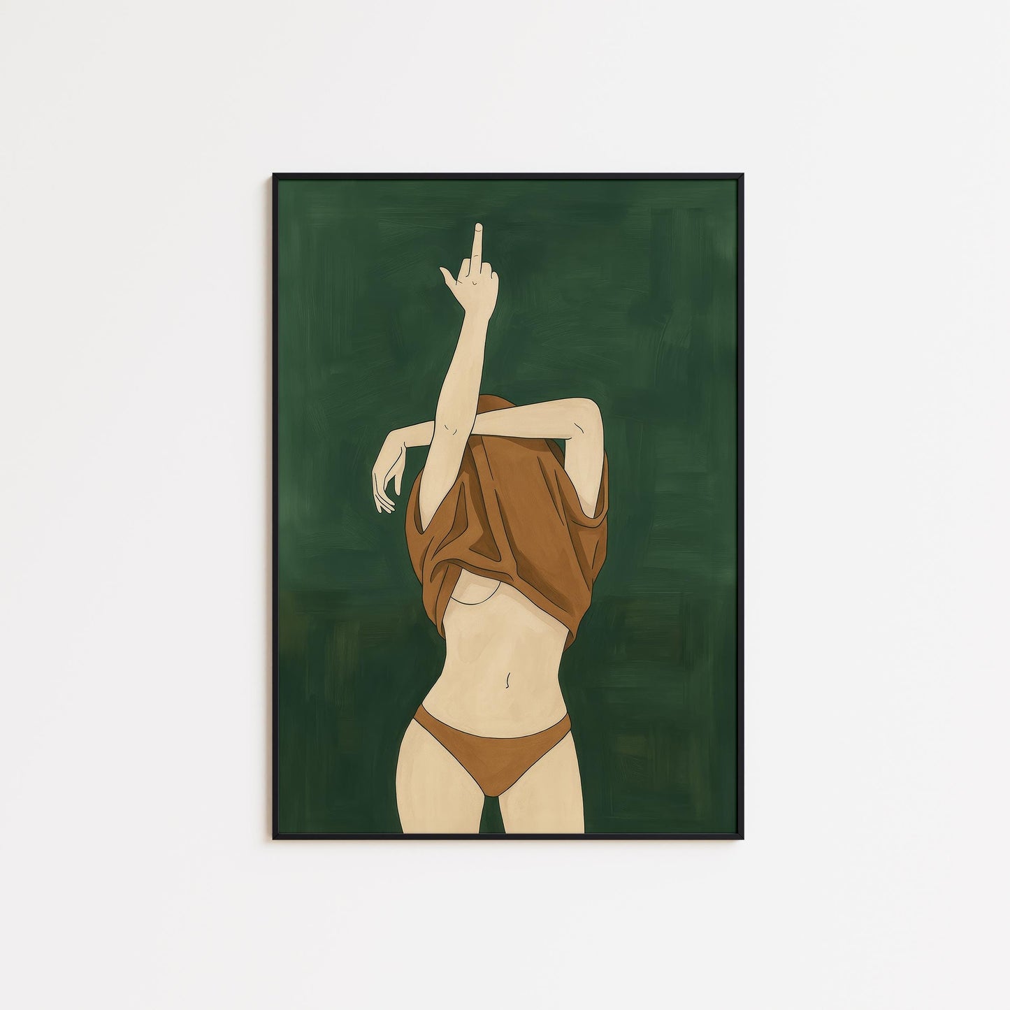 Feminist Art Print – Bold Nude Poster with Middle Finger Illustration on Dark Green