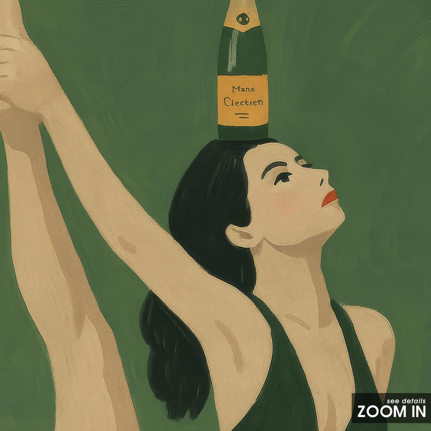 Champagne Balance Yoga Art – Retro Woman Poster | Green Wall Decor