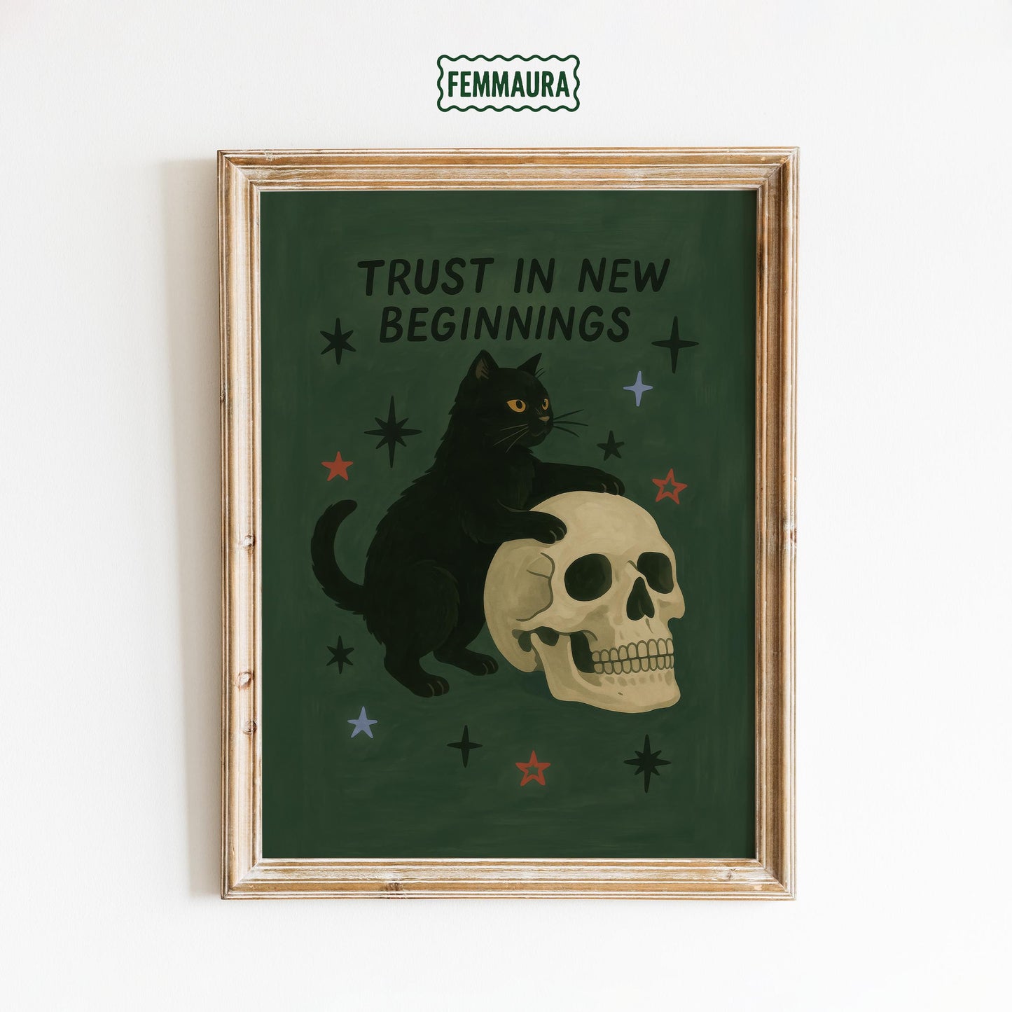 Gothic Wall Art Print – Black Cat Skull Art | Witchy Halloween Decor