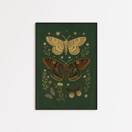 Butterfly Botanical Print – Vintage Insect Art Dark Green Poster with Moths & Flowers