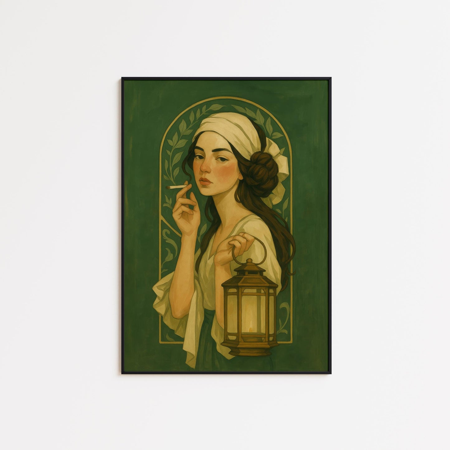 Dark Feminine Art Print – Mystic Woman Lantern Art Nouveau Poster, Moody Interior