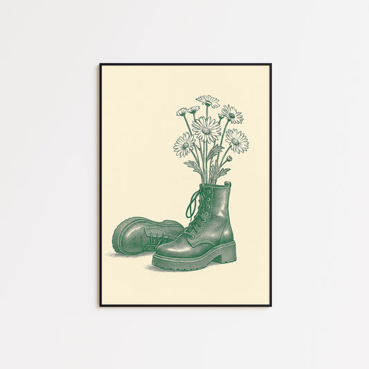 Boots and Daisies Poster – Feminine Strength Minimal Line Art