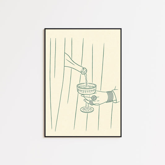Champagne Line Art Poster – Minimal Vintage Illustration, Elegant Bar Wall Print
