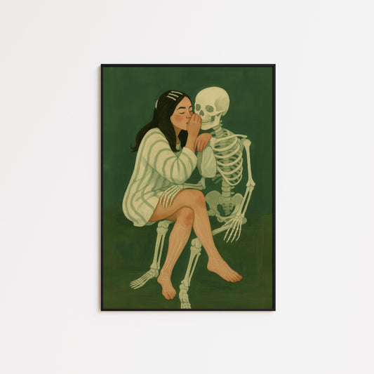 Dark Surreal Wall Art – Gothic Love Skeleton Print With Deep Green Moody Decor