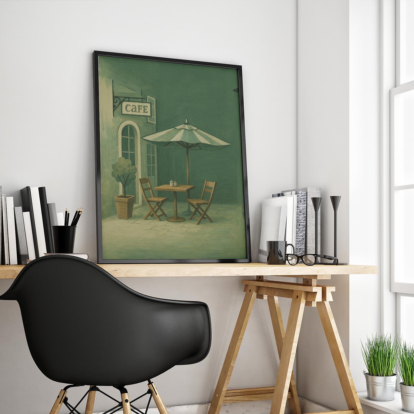 Vintage Cafe Poster – Olive Green Wall Art | French Cafe Art Print