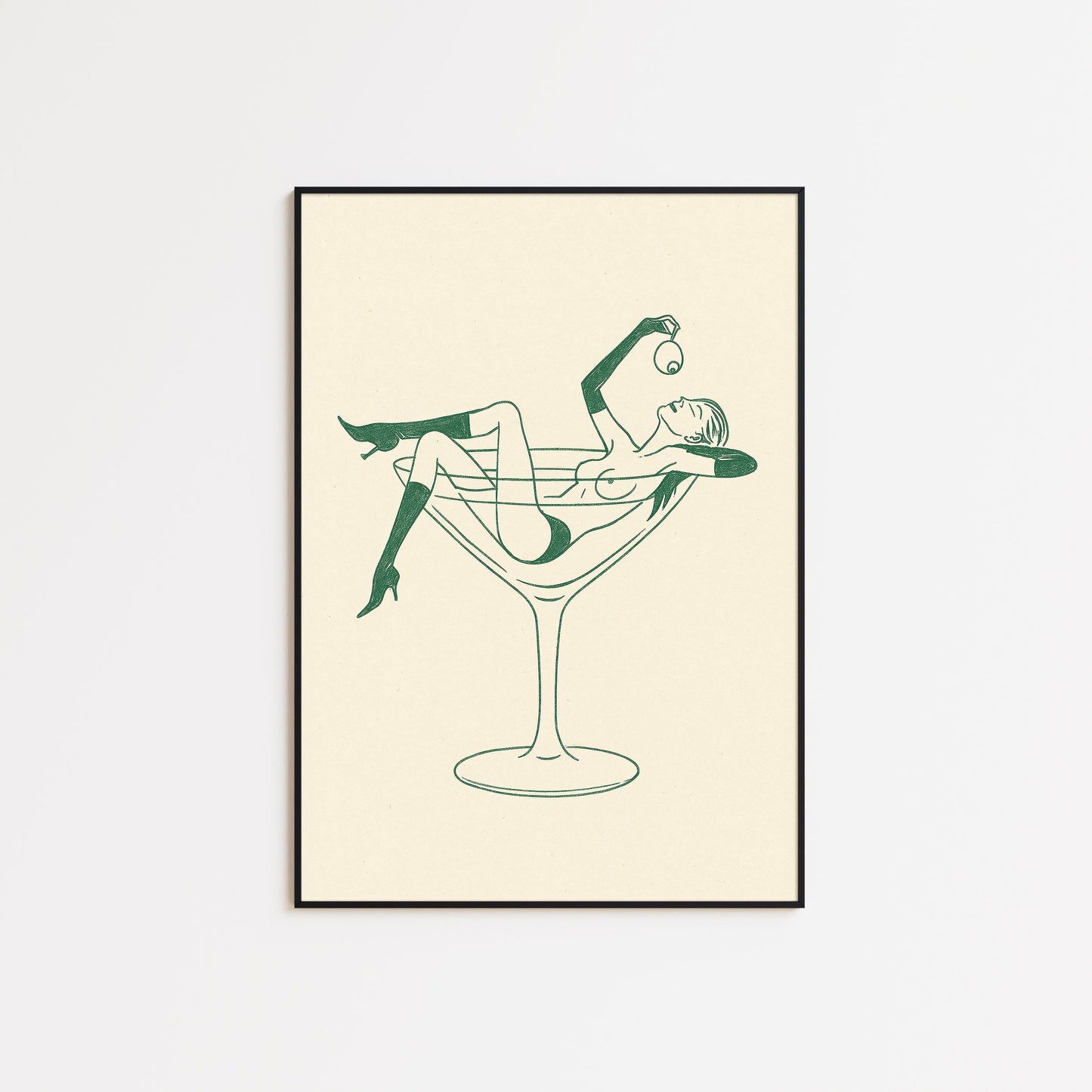 Martini Girl Line Art Print – Minimalist Retro Poster, Feminine Bar Wall Art