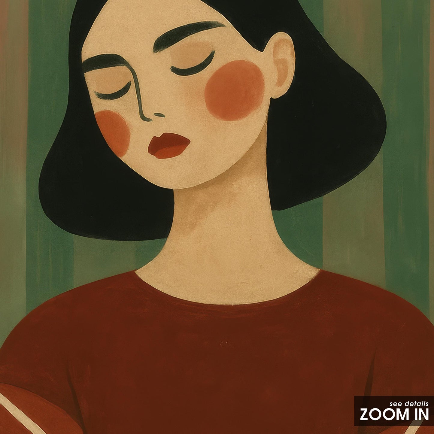 Moody Girl Poster – Emotional Portrait Art | Red Dress Wall Decor, Retro Stripe