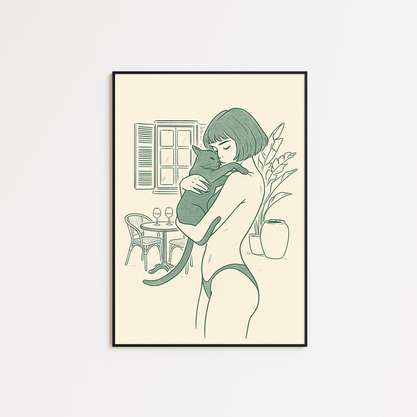 Morning Balcony – Woman and Cat Line Art, Intimate Minimal Illustration Print