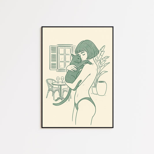 Morning Balcony – Woman and Cat Line Art, Intimate Minimal Illustration Print