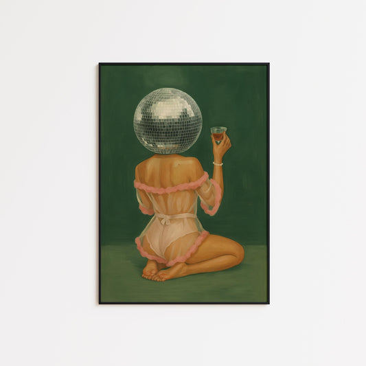 Disco Ball Art Print – Surreal Wall Decor With Glam Girl & Retro Party Vibe