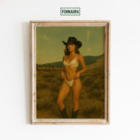 Cowgirl Bikini Poster – Vintage Western Desert Art | Boho Bedroom Decor