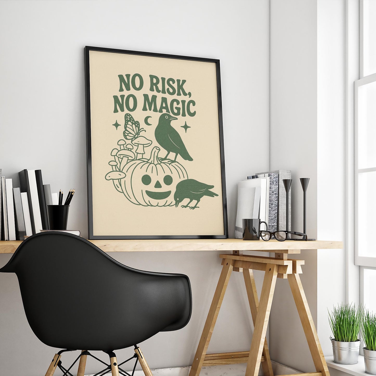 No Risk No Magic – Witchy Minimal Poster, Crow and Pumpkin Wall Art