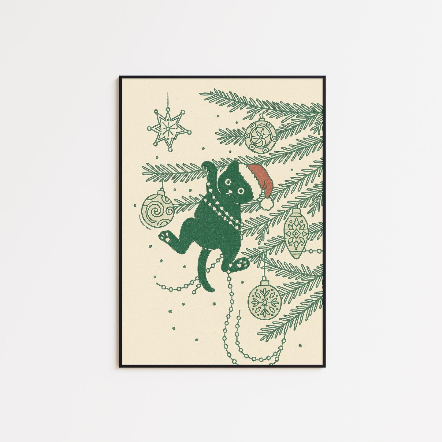 Christmas Cat Poster – Minimal Holiday Wall Print | Retro Green Line Art