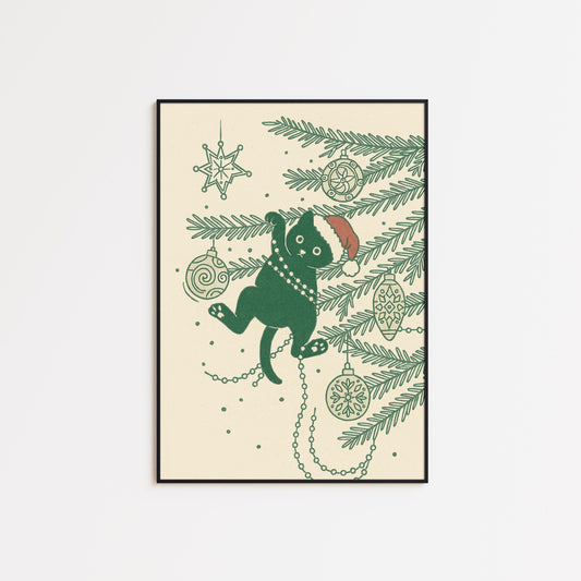 Christmas Cat Poster – Minimal Holiday Wall Print | Retro Green Line Art