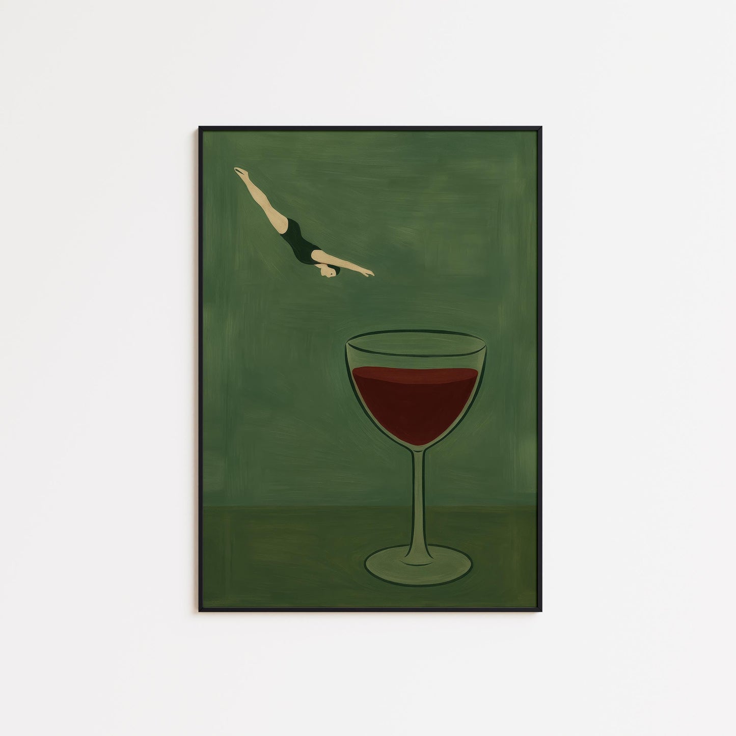 Minimalist Surrealist Poster – Diving Wine Artwork with Green Background & Poetic Charm